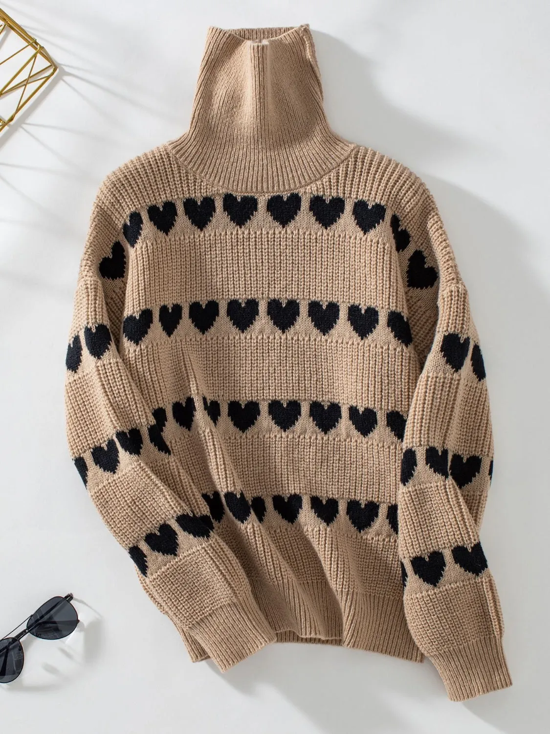 Grace Heart Turtleneck Dropped Shoulder Sweater | 3 Colors | Poundton