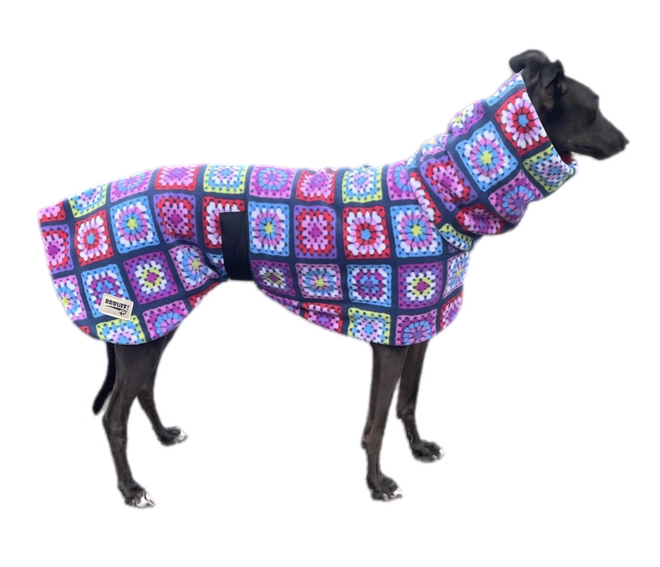 Granny Grey Greyhound Deluxe Dog coat dog rug, thick double polar fleece black washable extra wide hoodie