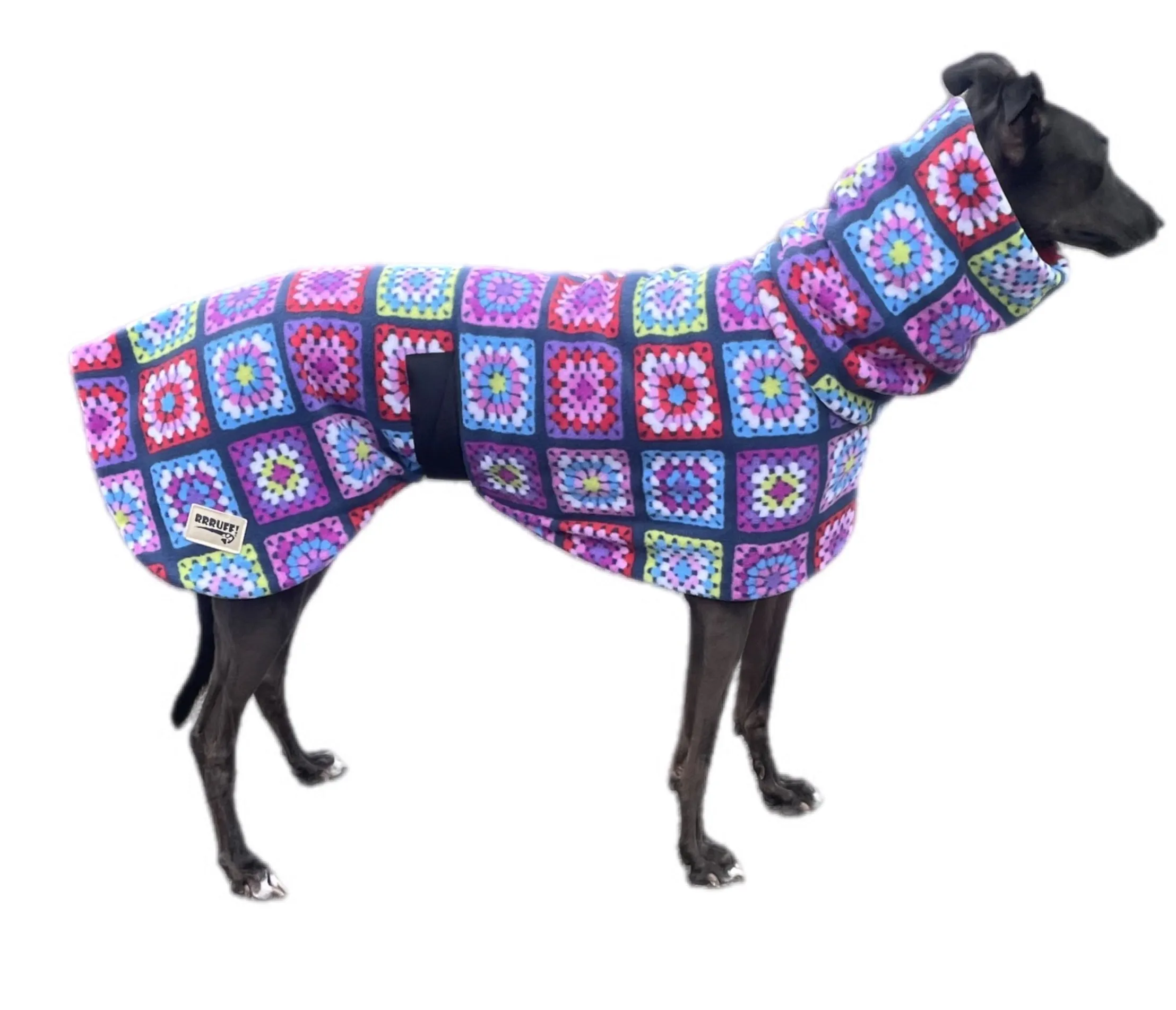 Granny Grey Greyhound Deluxe Dog coat dog rug, thick double polar fleece black washable extra wide hoodie