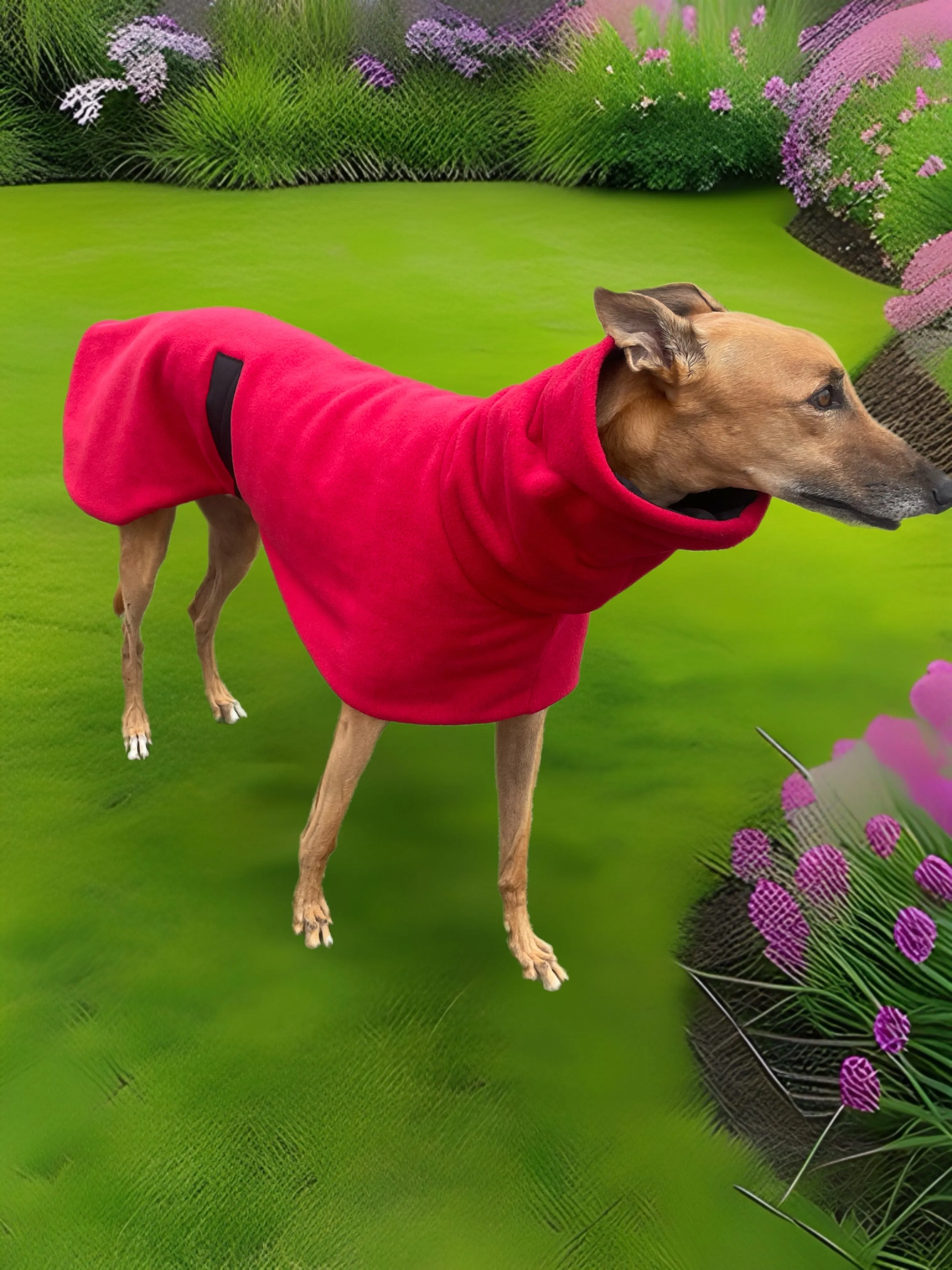 Greyhound deluxe style coat in luscious red washable extra thick double polar fleece