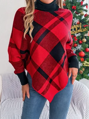 Hazel Blues® |  Plaid Turtleneck Batwing Sleeve Sweater
