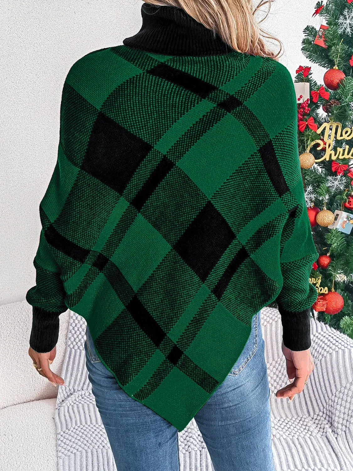 Hazel Blues® |  Plaid Turtleneck Batwing Sleeve Sweater