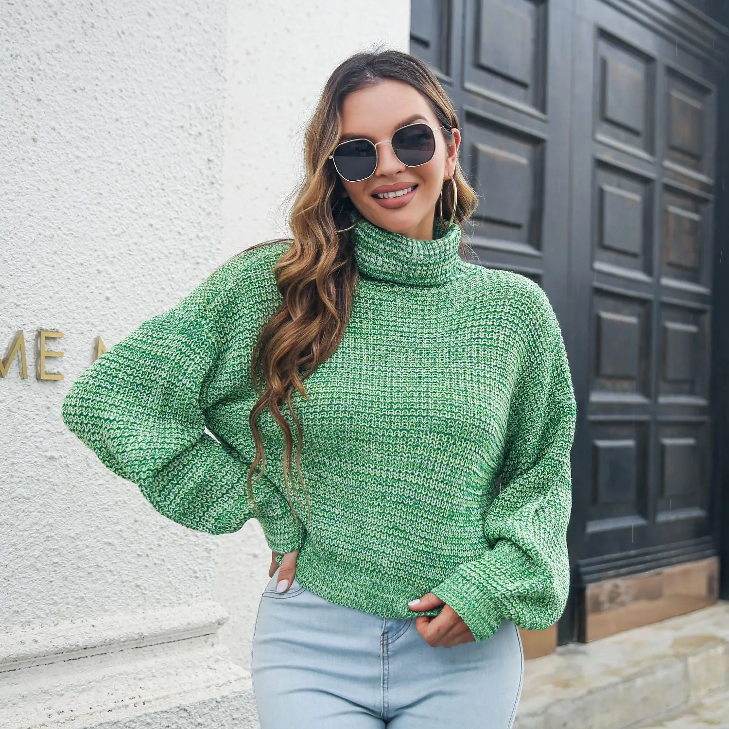 Heathered Balloon Sleeve Turtleneck Sweater