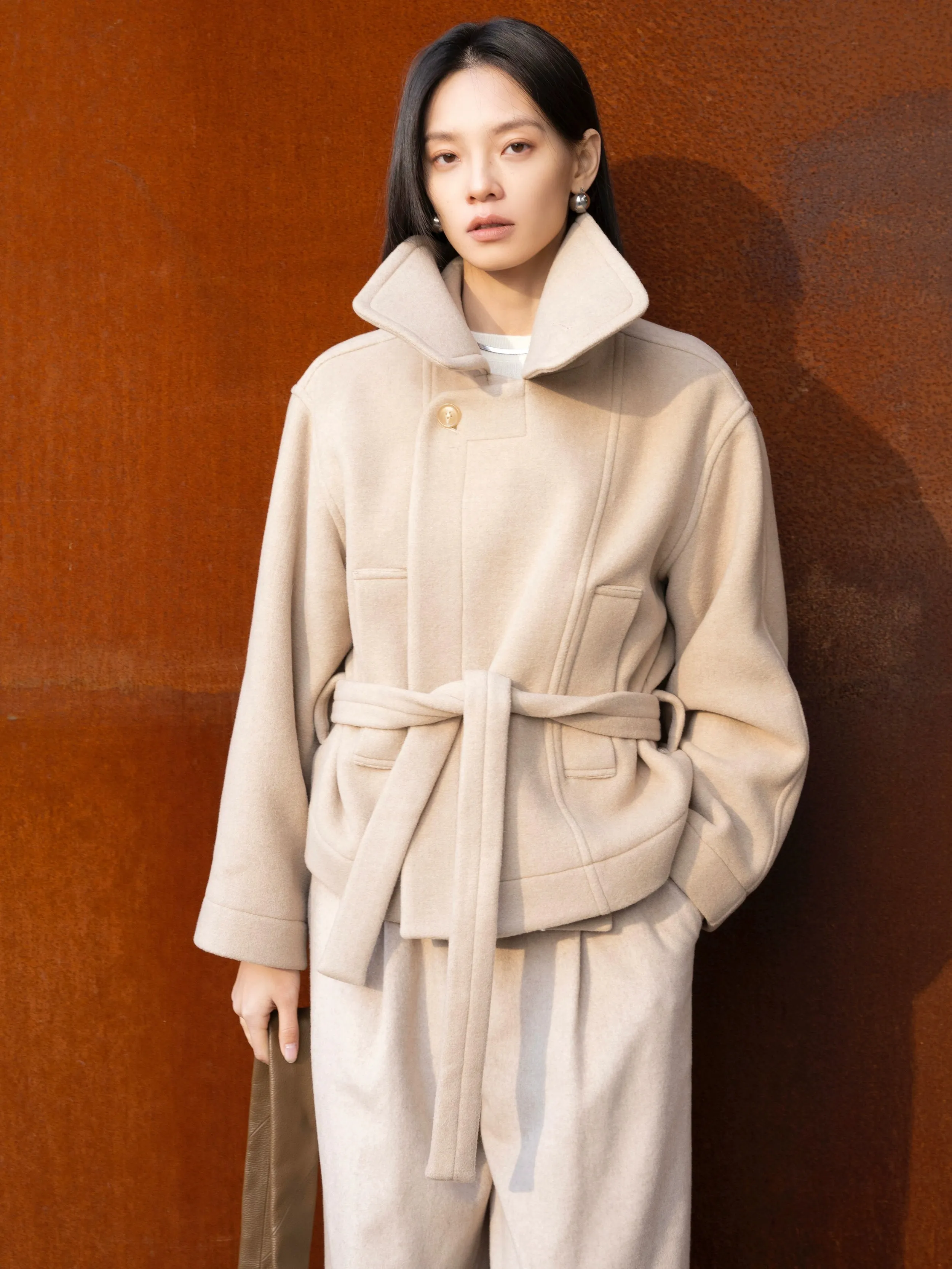 High-Collared Belted Wool Coat