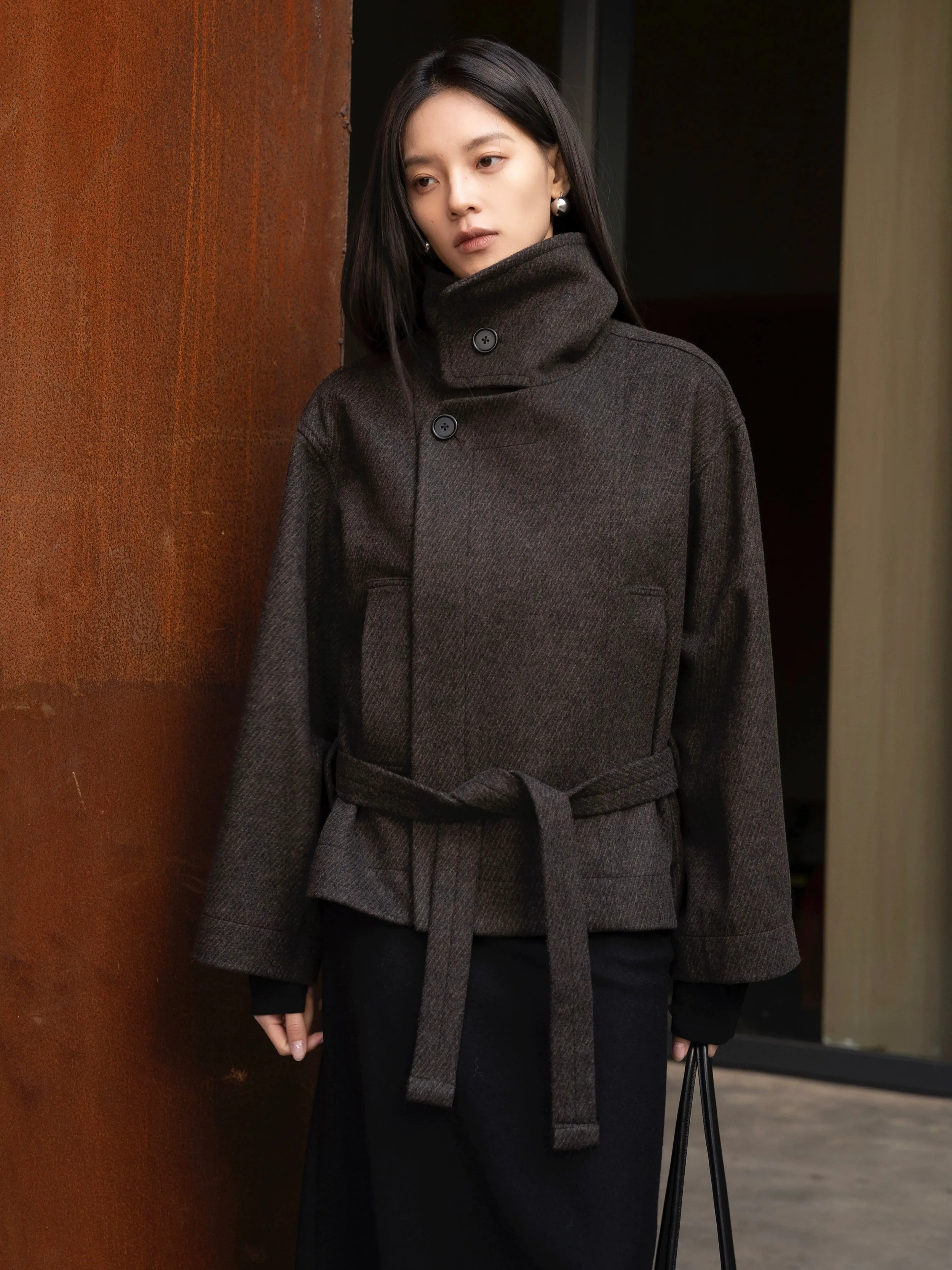 High-Collared Belted Wool Coat