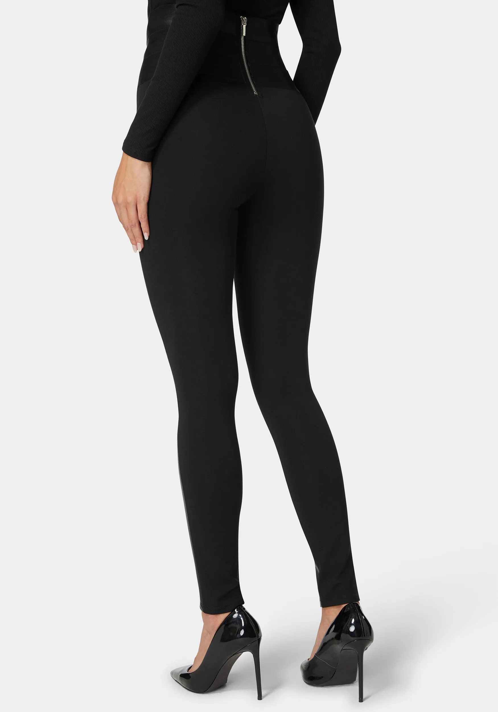 High Waist Stud Details Vegan Leather Insert Pdr Legging