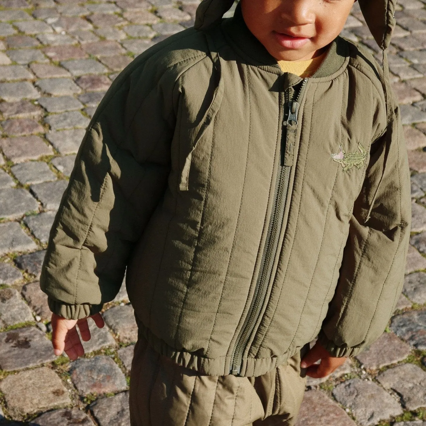 Juno Crocodile Embroidered Quilted Bomber Jacket (Olive)