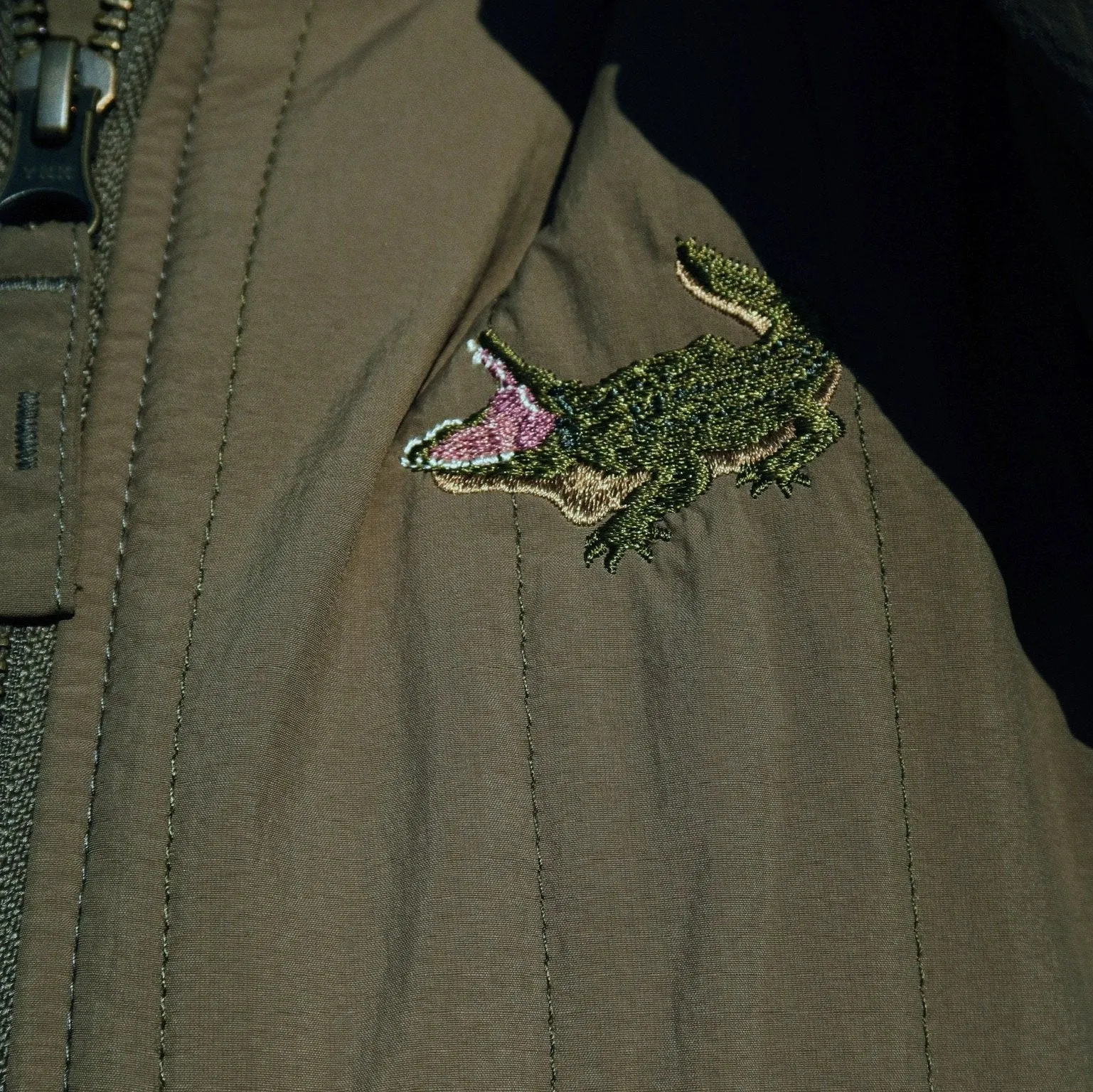 Juno Crocodile Embroidered Quilted Bomber Jacket (Olive)