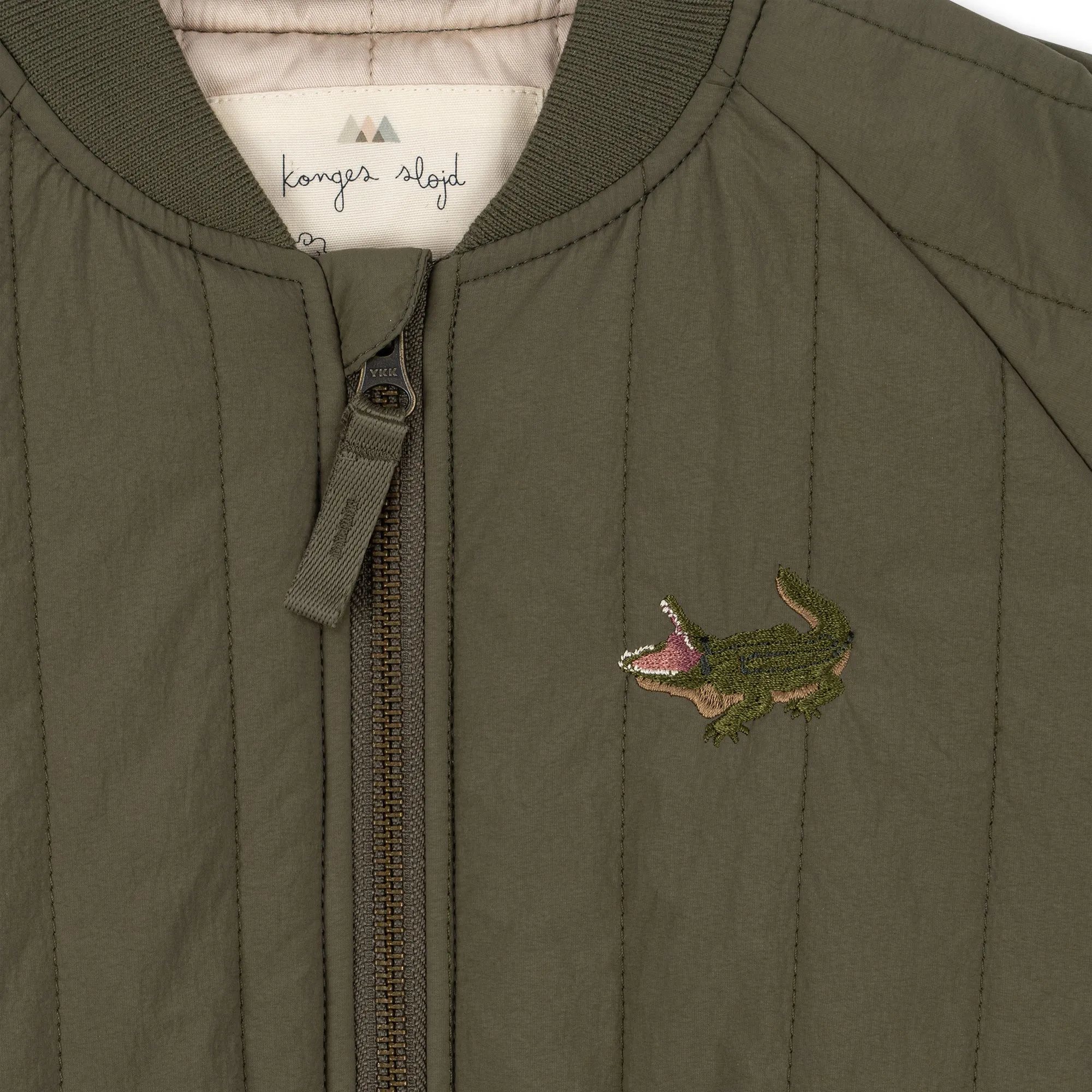 Juno Crocodile Embroidered Quilted Bomber Jacket (Olive)