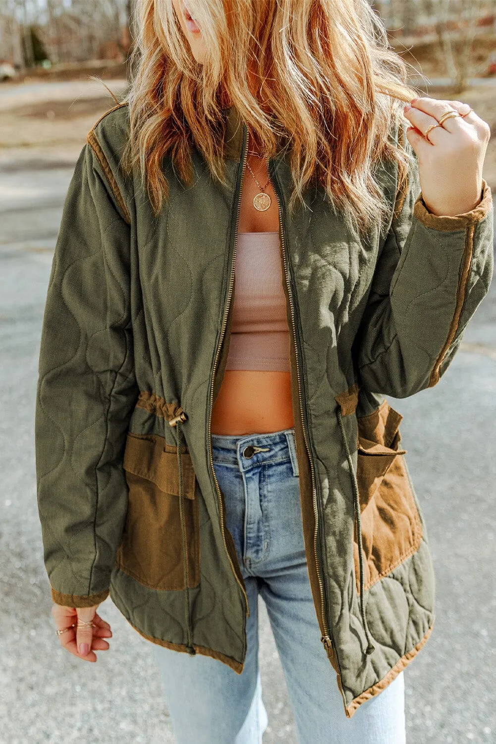 KaleaBoutique Stitching Quilted Drawstring Jacket