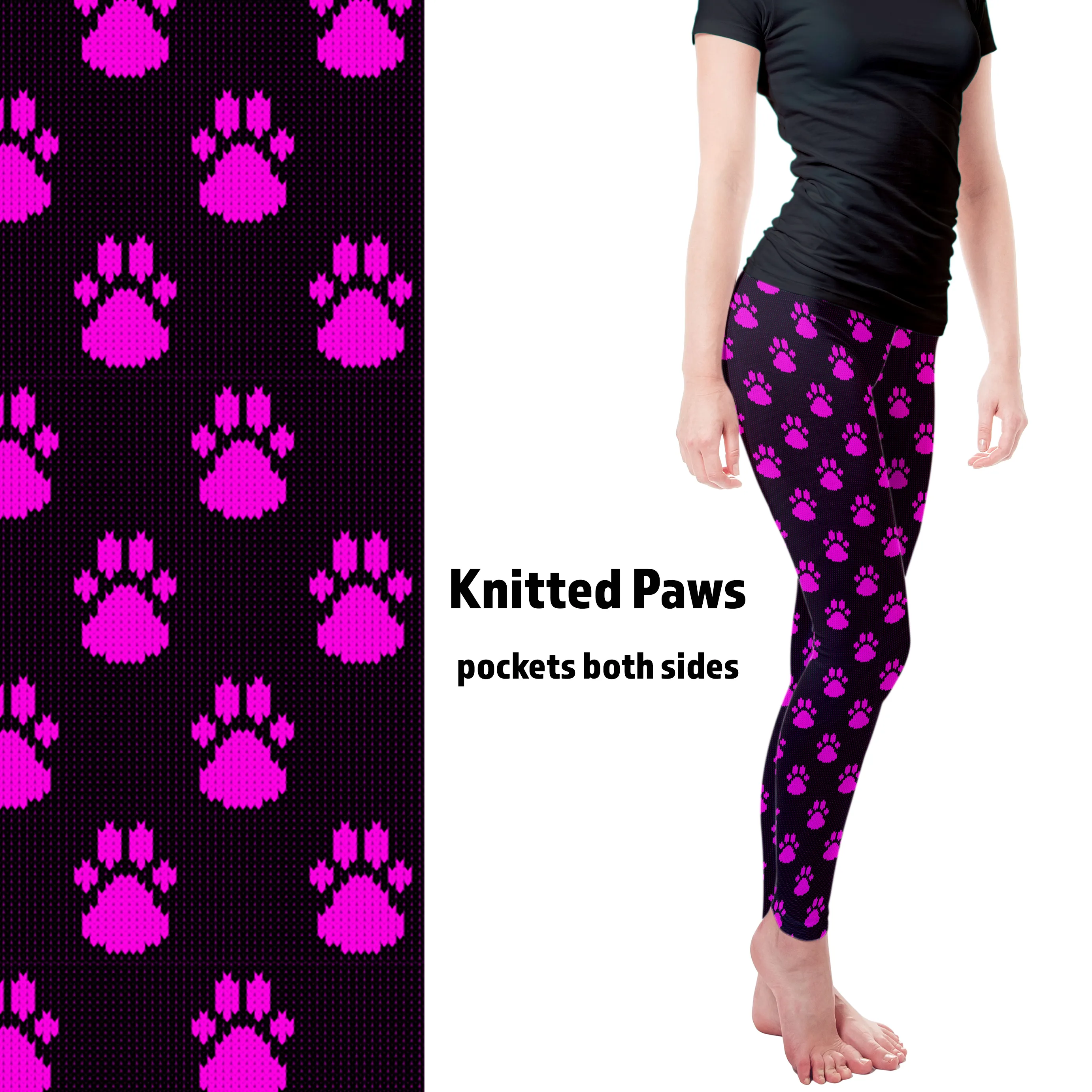 Knitted Paws Teal or Pink Leggings with Pockets
