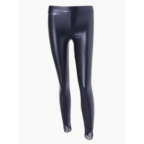 Lace Panel PU Leather Bodycon Leggings - Black S