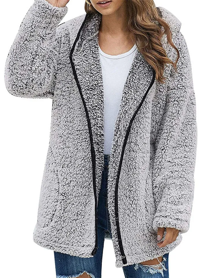 Ladies Casual Solid Color Hooded Plush Fleece Coats