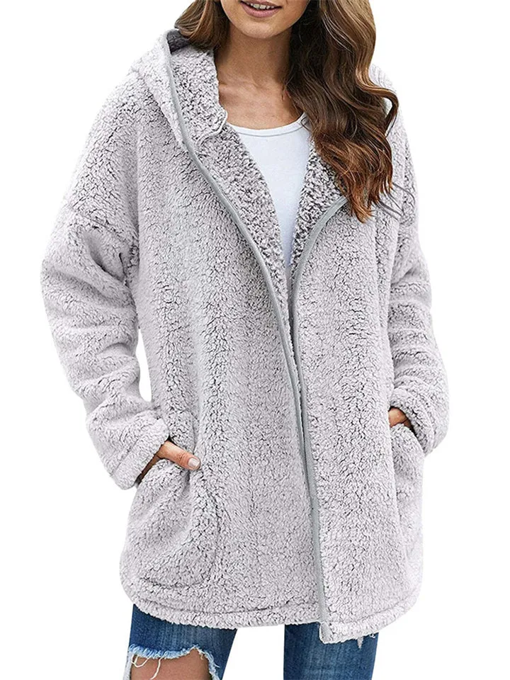Ladies Casual Solid Color Hooded Plush Fleece Coats