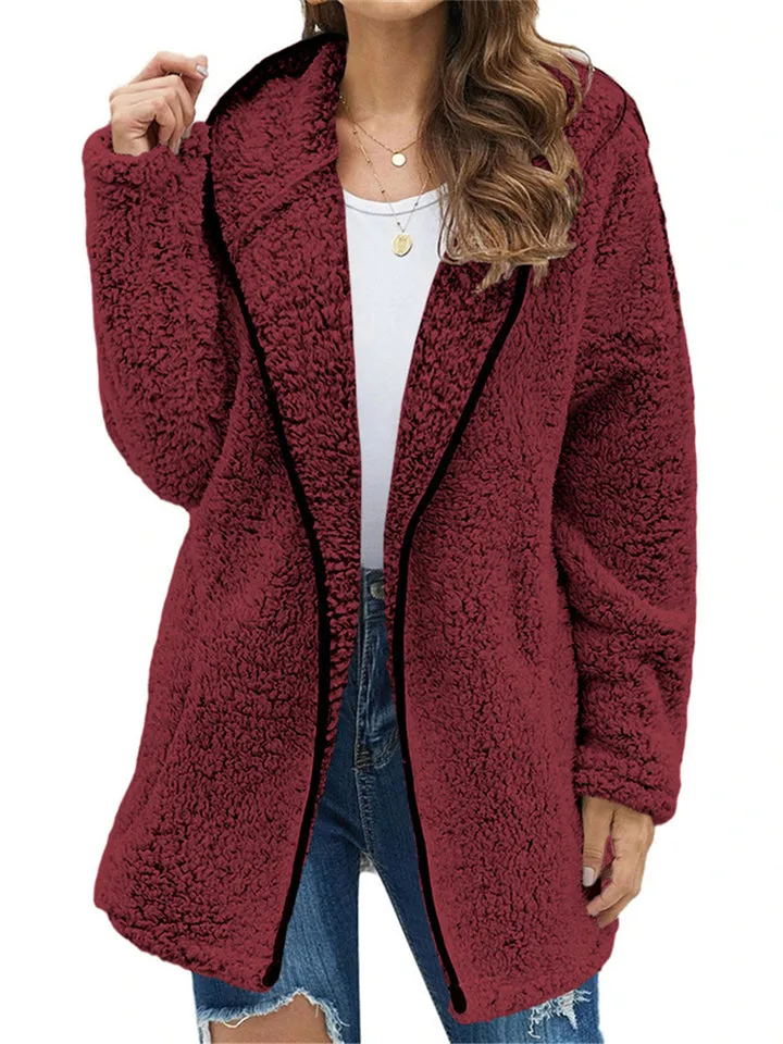 Ladies Casual Solid Color Hooded Plush Fleece Coats
