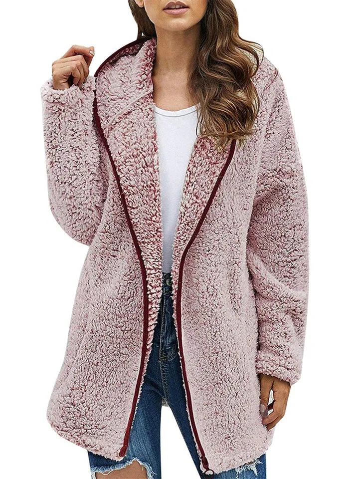 Ladies Casual Solid Color Hooded Plush Fleece Coats
