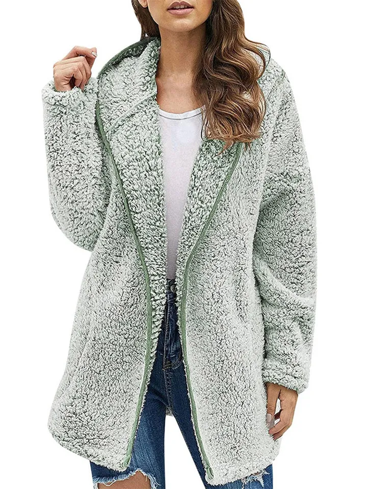 Ladies Casual Solid Color Hooded Plush Fleece Coats