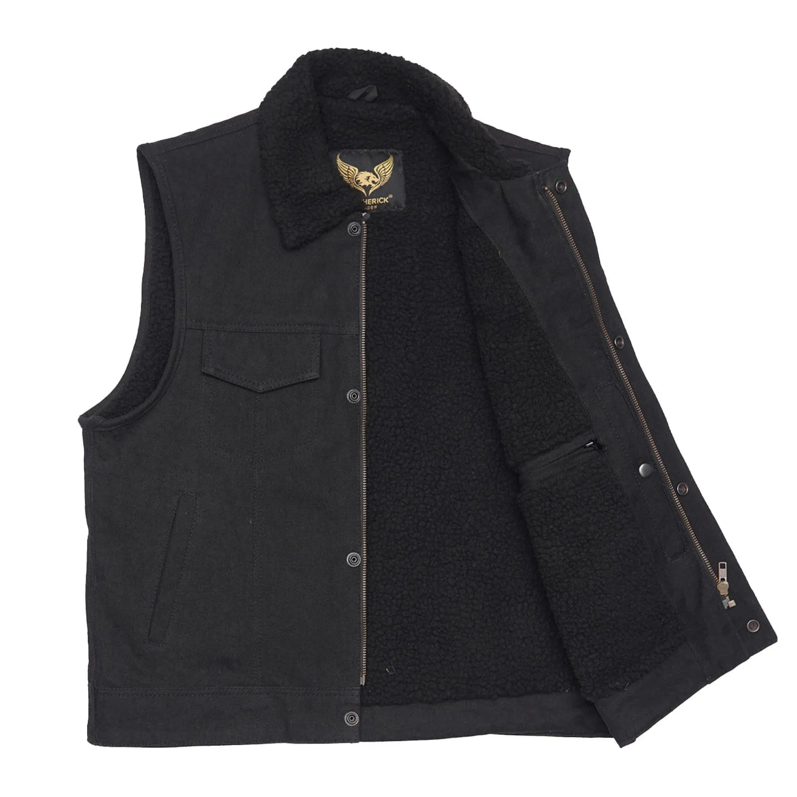 Leatherick Fur Collar Black Denim Motorcycle Vest