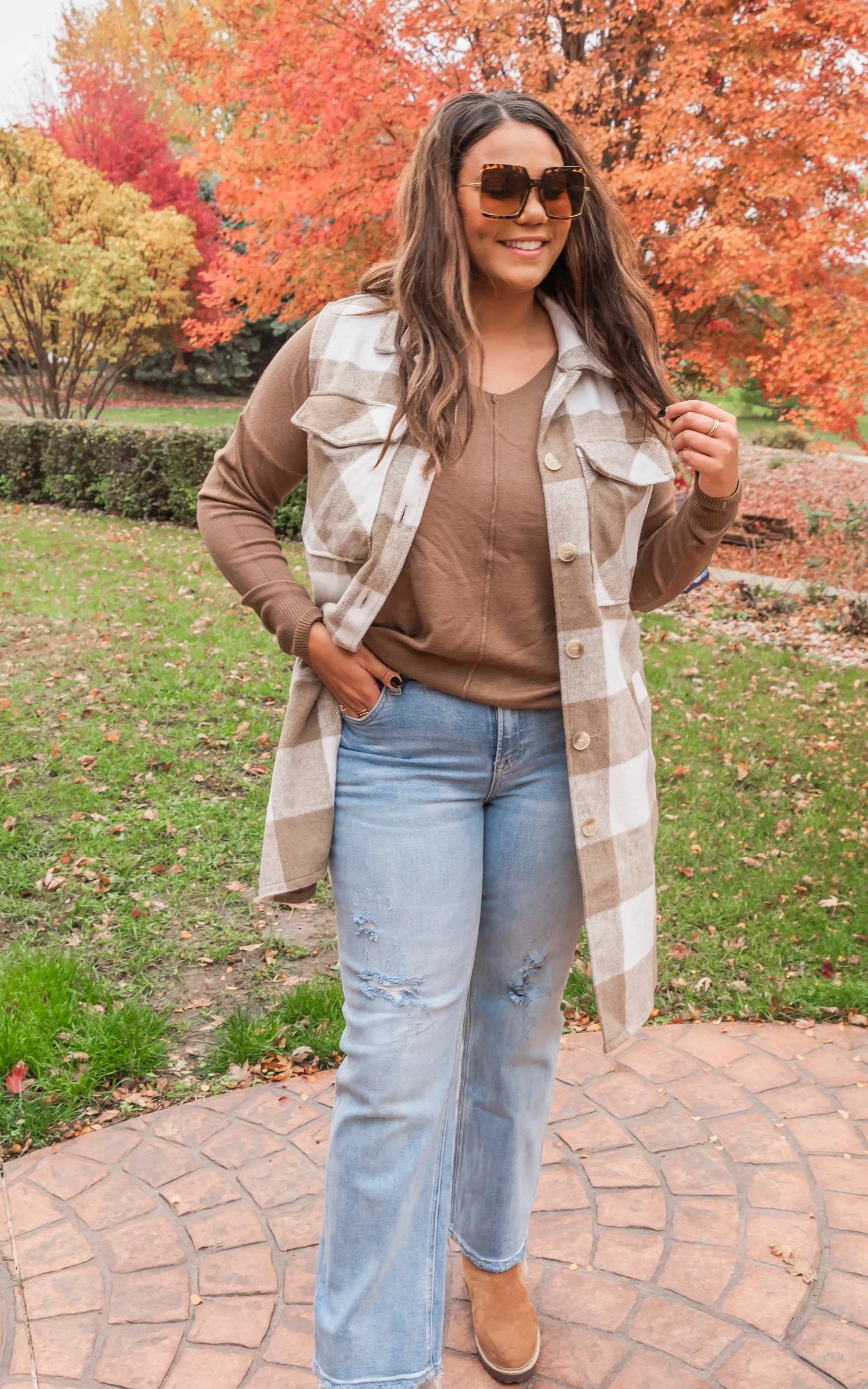 Leave Them Speachless Wool Plaid Long Vest - Taupe - Final Sale