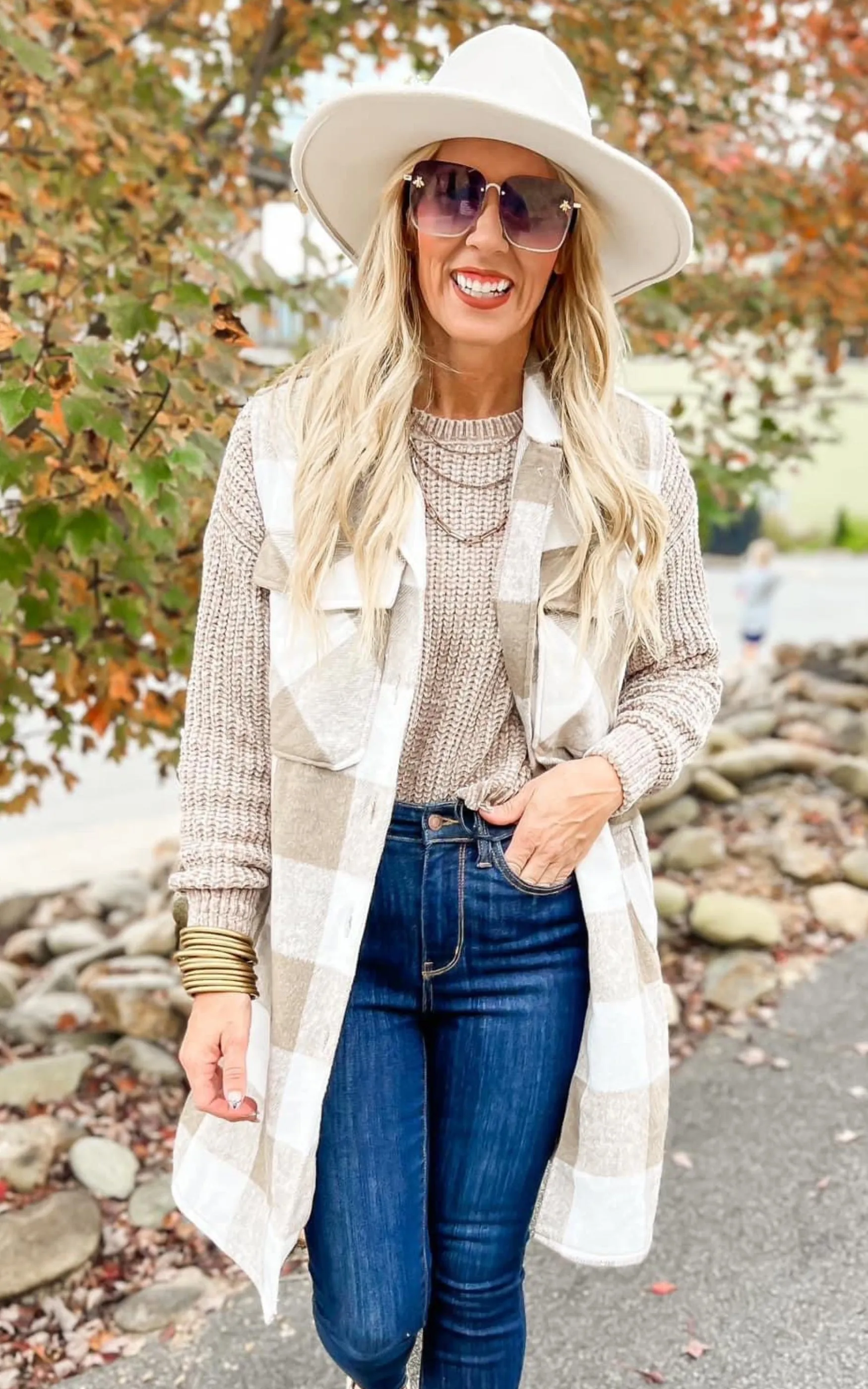 Leave Them Speachless Wool Plaid Long Vest - Taupe - Final Sale