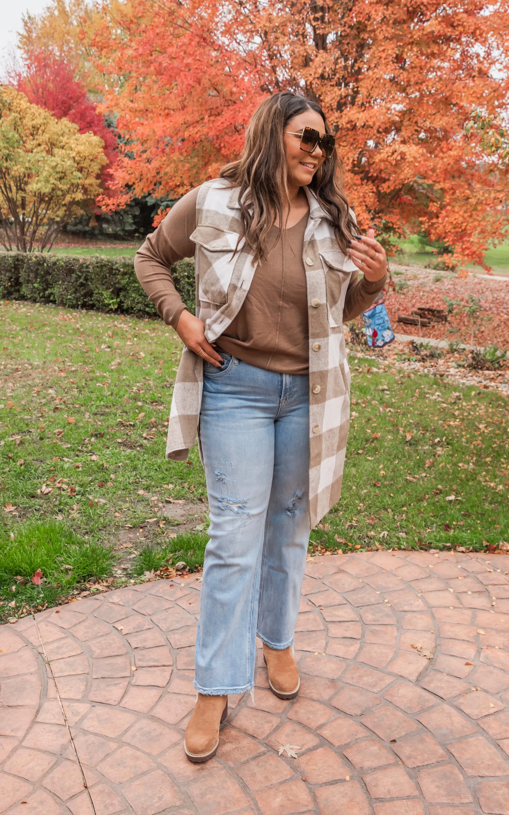 Leave Them Speachless Wool Plaid Long Vest - Taupe - Final Sale