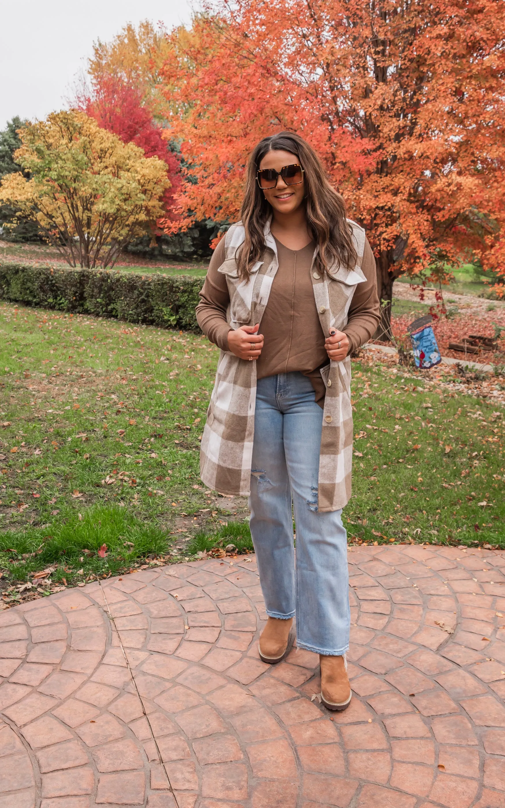 Leave Them Speachless Wool Plaid Long Vest - Taupe - Final Sale