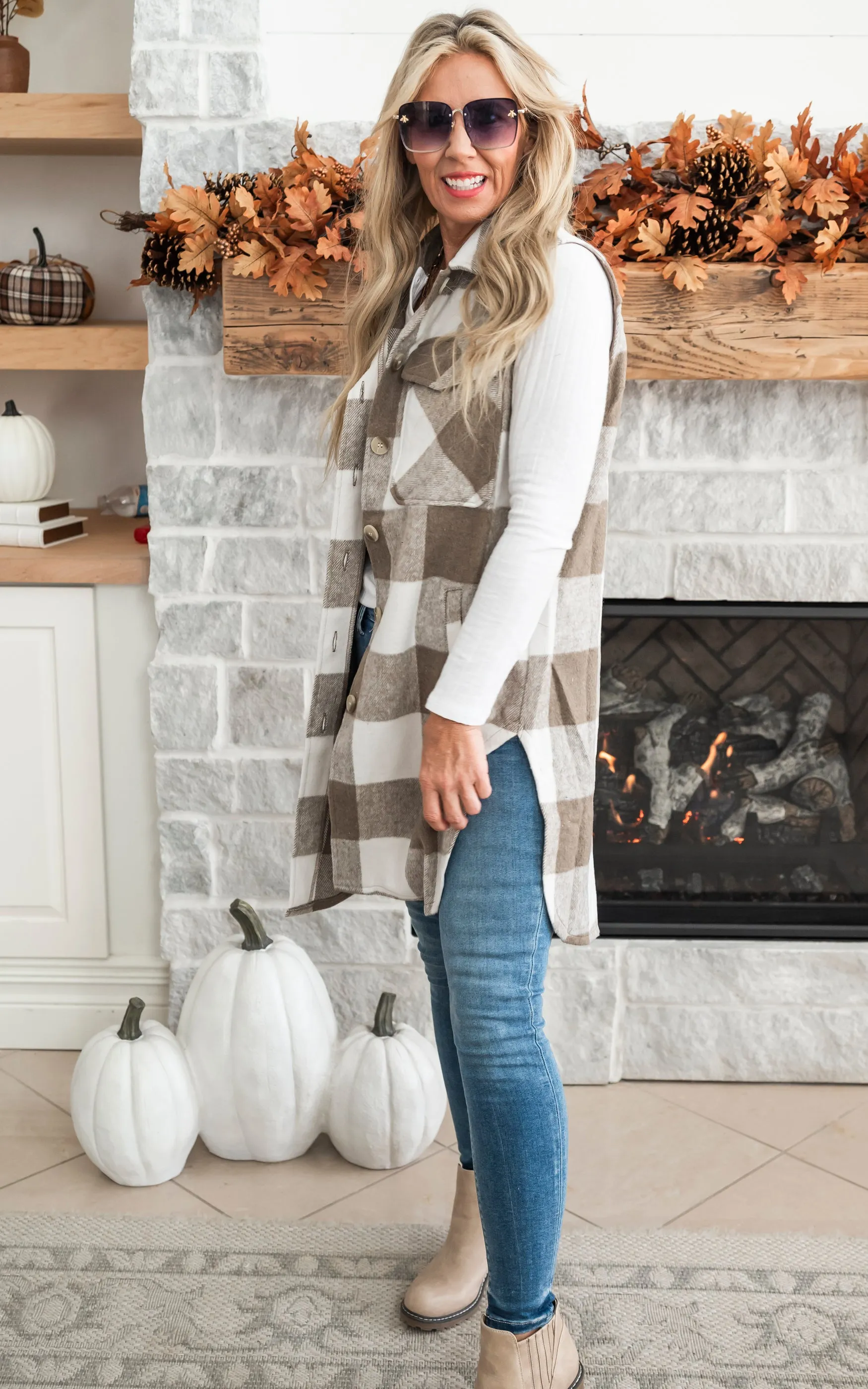 Leave Them Speachless Wool Plaid Long Vest - Taupe - Final Sale