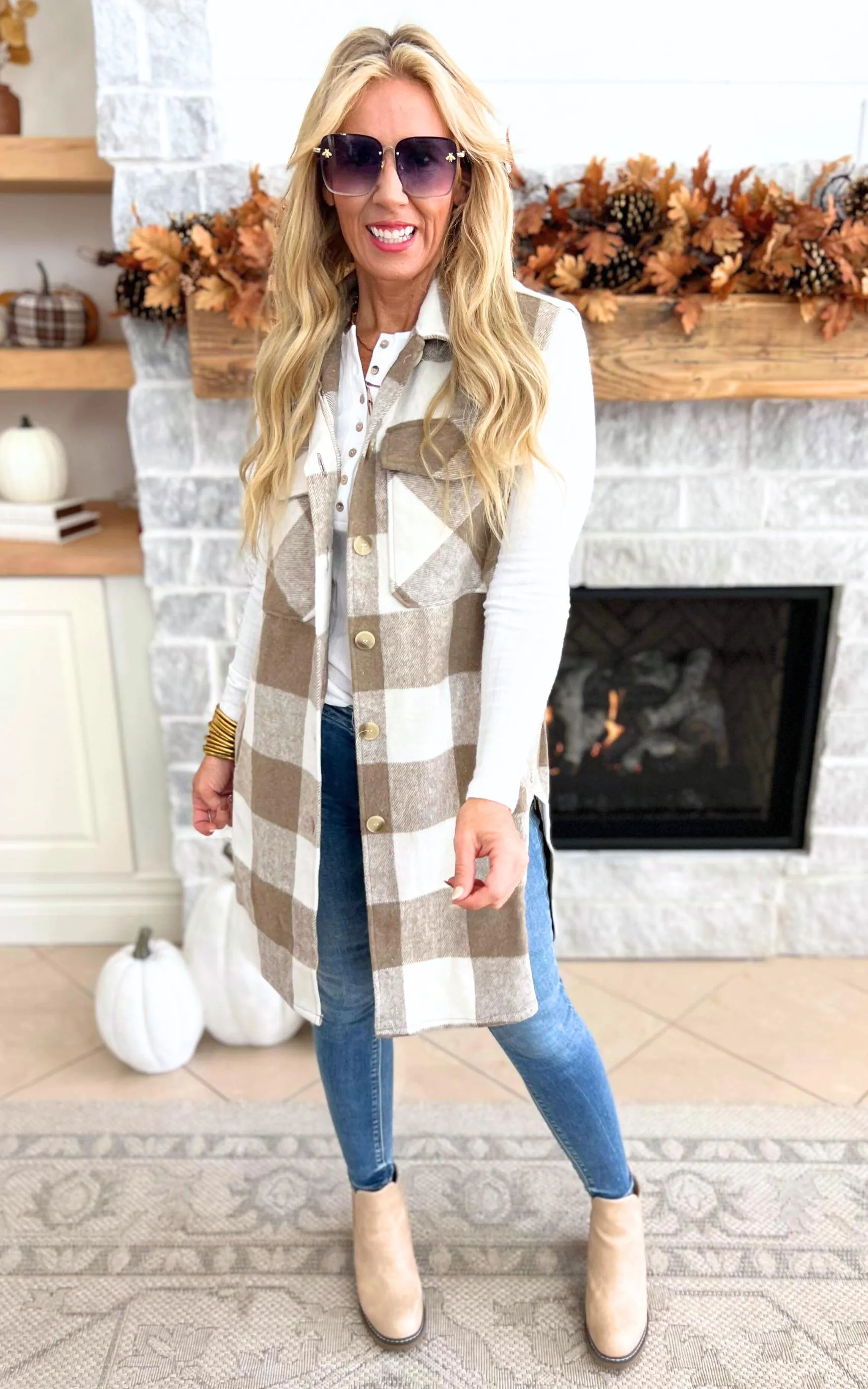 Leave Them Speachless Wool Plaid Long Vest - Taupe - Final Sale