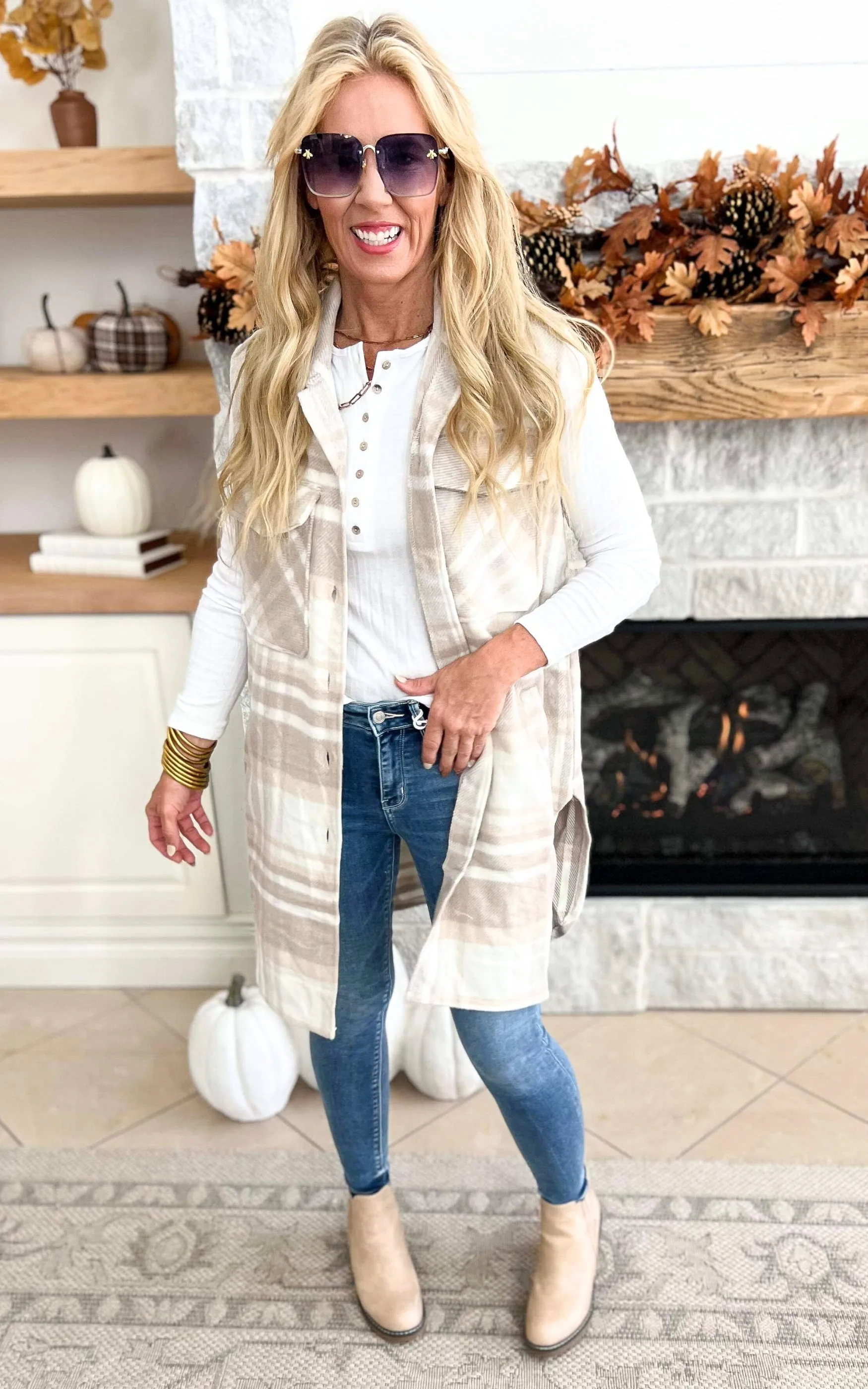 Leave Them Speechless Wool Plaid Long Vest - Beige