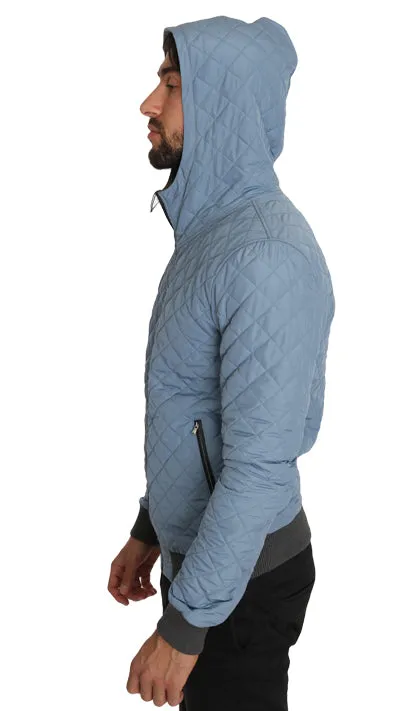 Light Blue Quilted Logo Fashion Bomber Hooded Jacket