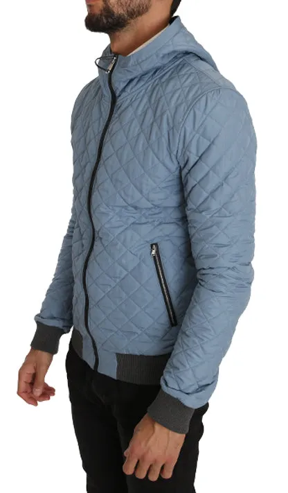 Light Blue Quilted Logo Fashion Bomber Hooded Jacket