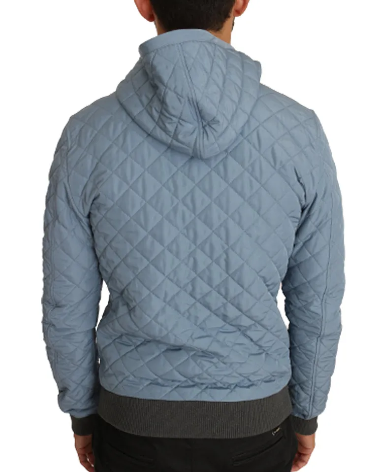 Light Blue Quilted Logo Fashion Bomber Hooded Jacket