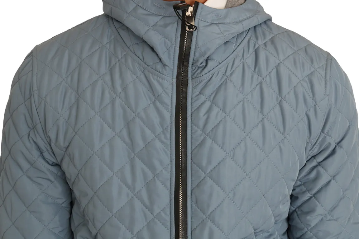 Light Blue Quilted Logo Fashion Bomber Hooded Jacket