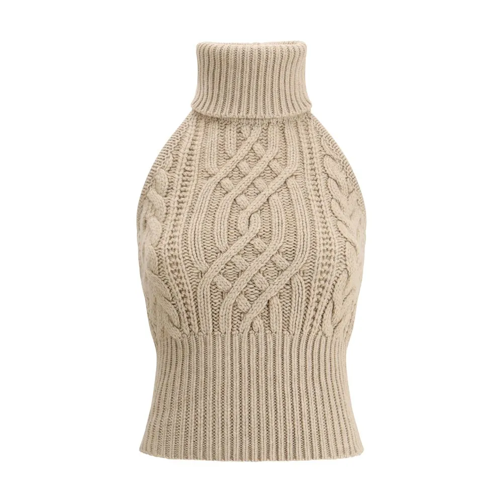 Magda Butrym Women Beige Top Wool Braided Sleeveless Turtleneck Blouse Sz IT 36
