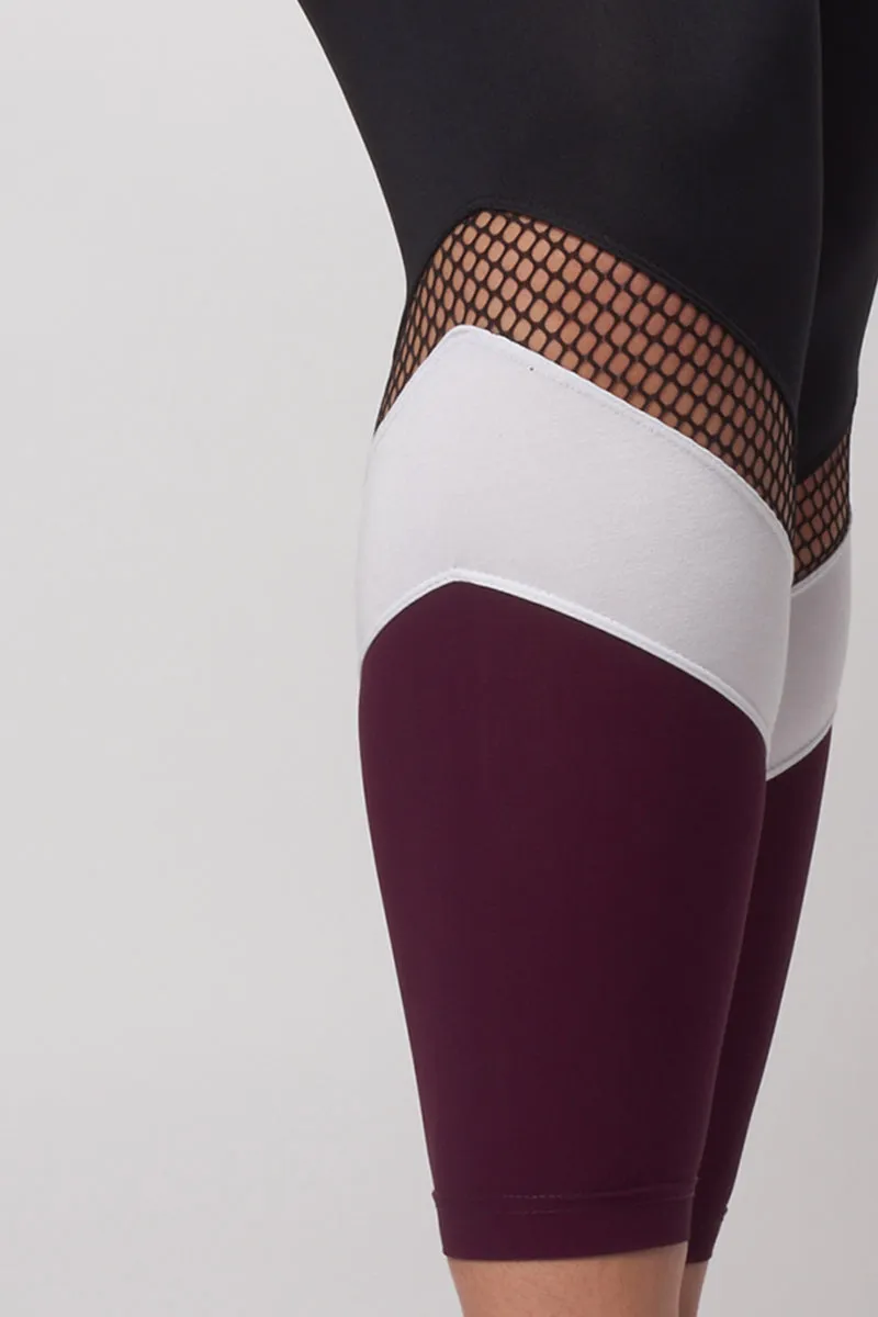 Medium Compression Waisted Leggings with Burgundy Leg Panel