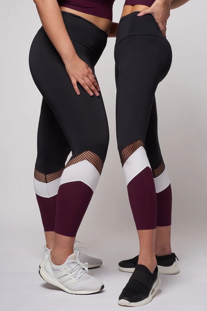 Medium Compression Waisted Leggings with Burgundy Leg Panel