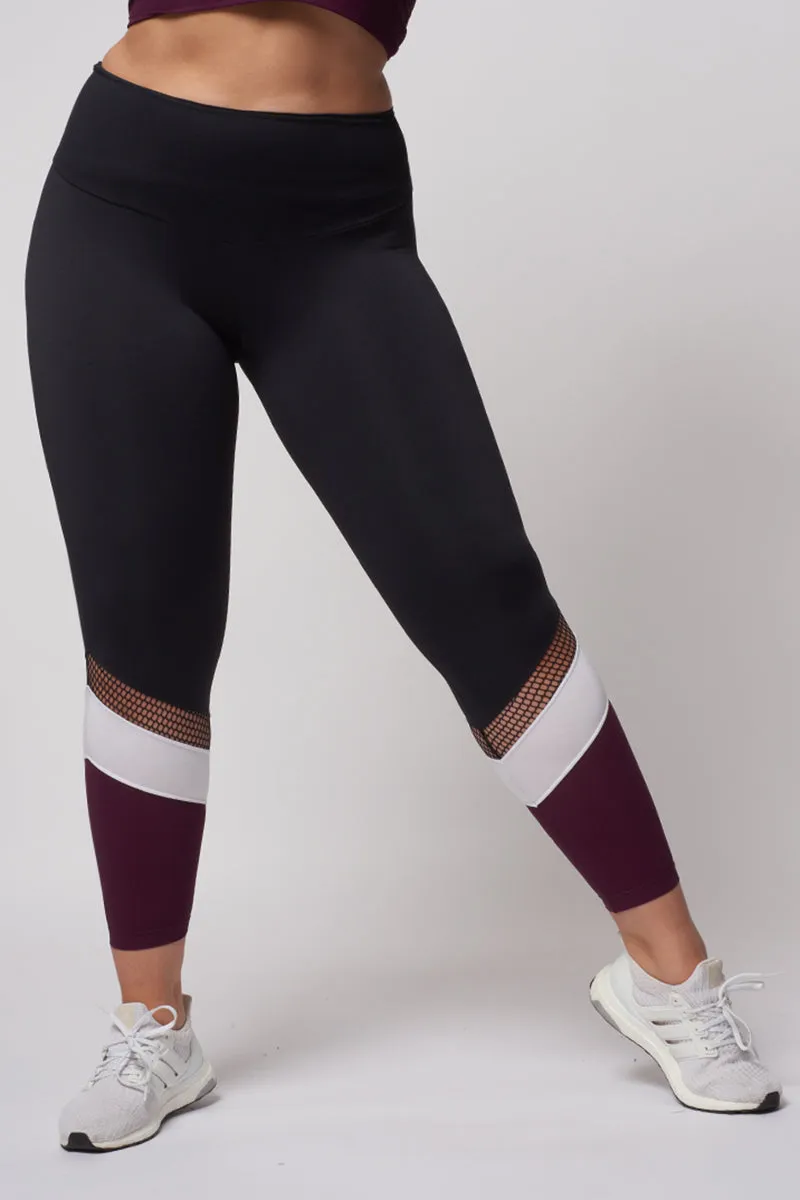 Medium Compression Waisted Leggings with Burgundy Leg Panel