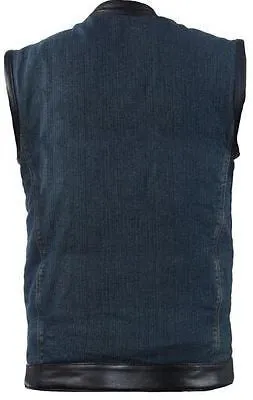 MEN'S SON OF ANARCHY BLUE TEXTILE MOTORCYCLE VEST W/LEATHER TRIM TWO GUN POCKETS