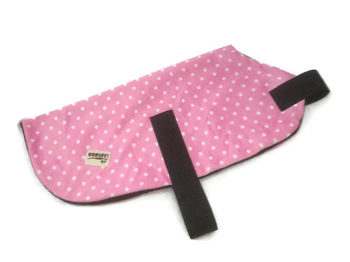 Minky Fleece Dog Coat, Baby Pink Polka Dot, dog rug, dog coat