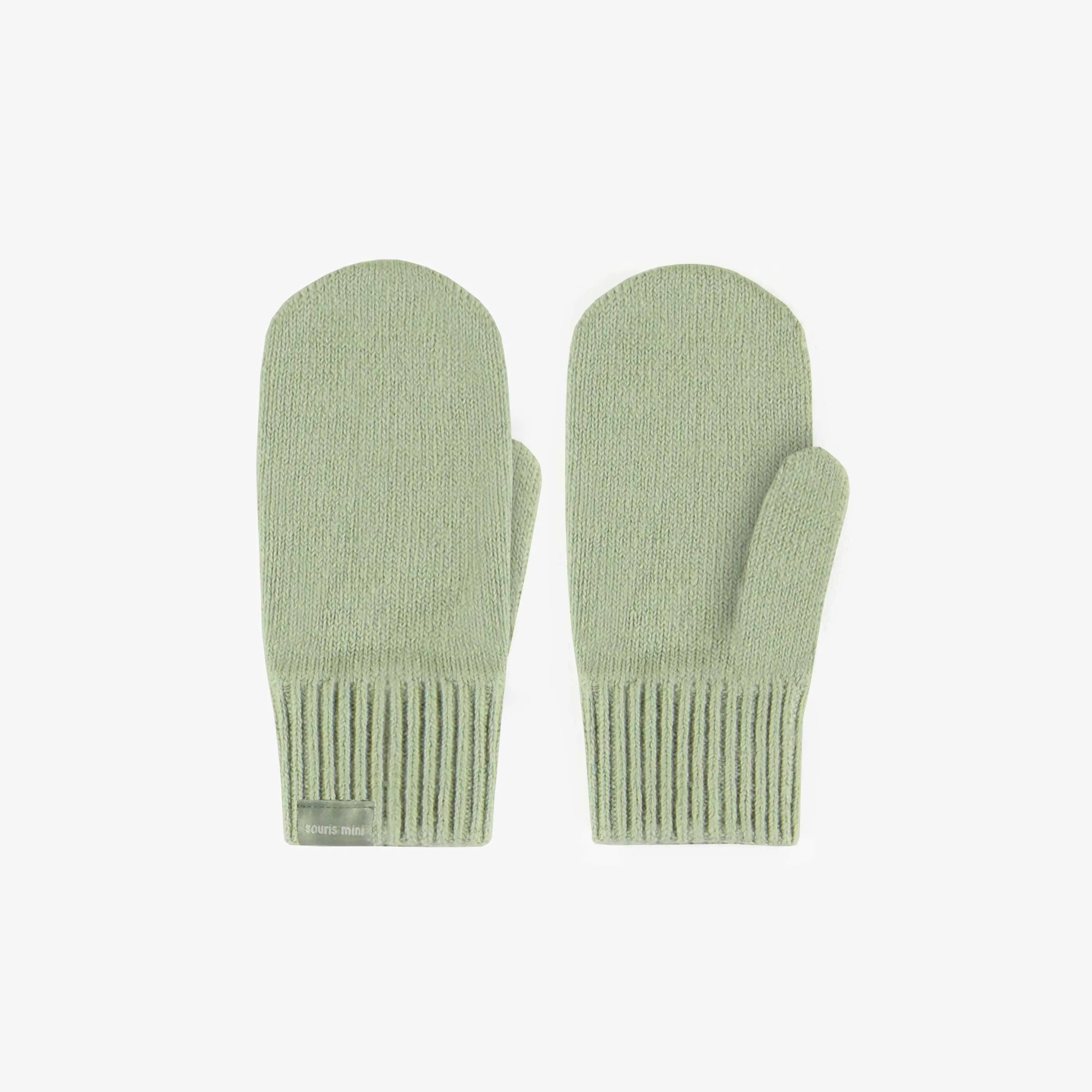 Mitaines vert sauge en maille de coton effet cachemire, enfant || Sage green knitted mittens in cotton cashmere effect, child