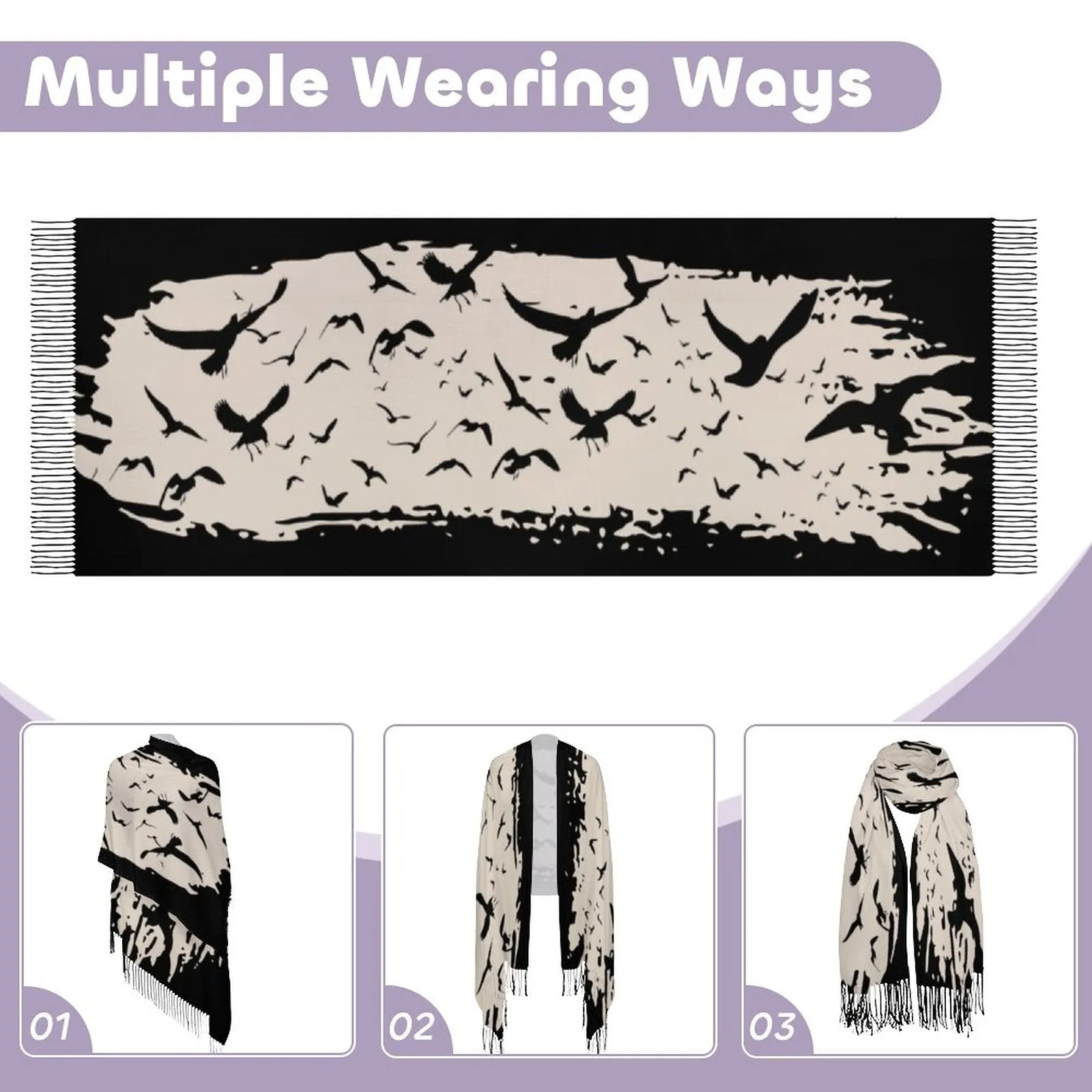 Murder of Crows Cream Tassel Scarf, Witchy Clothing, Raven Scarf