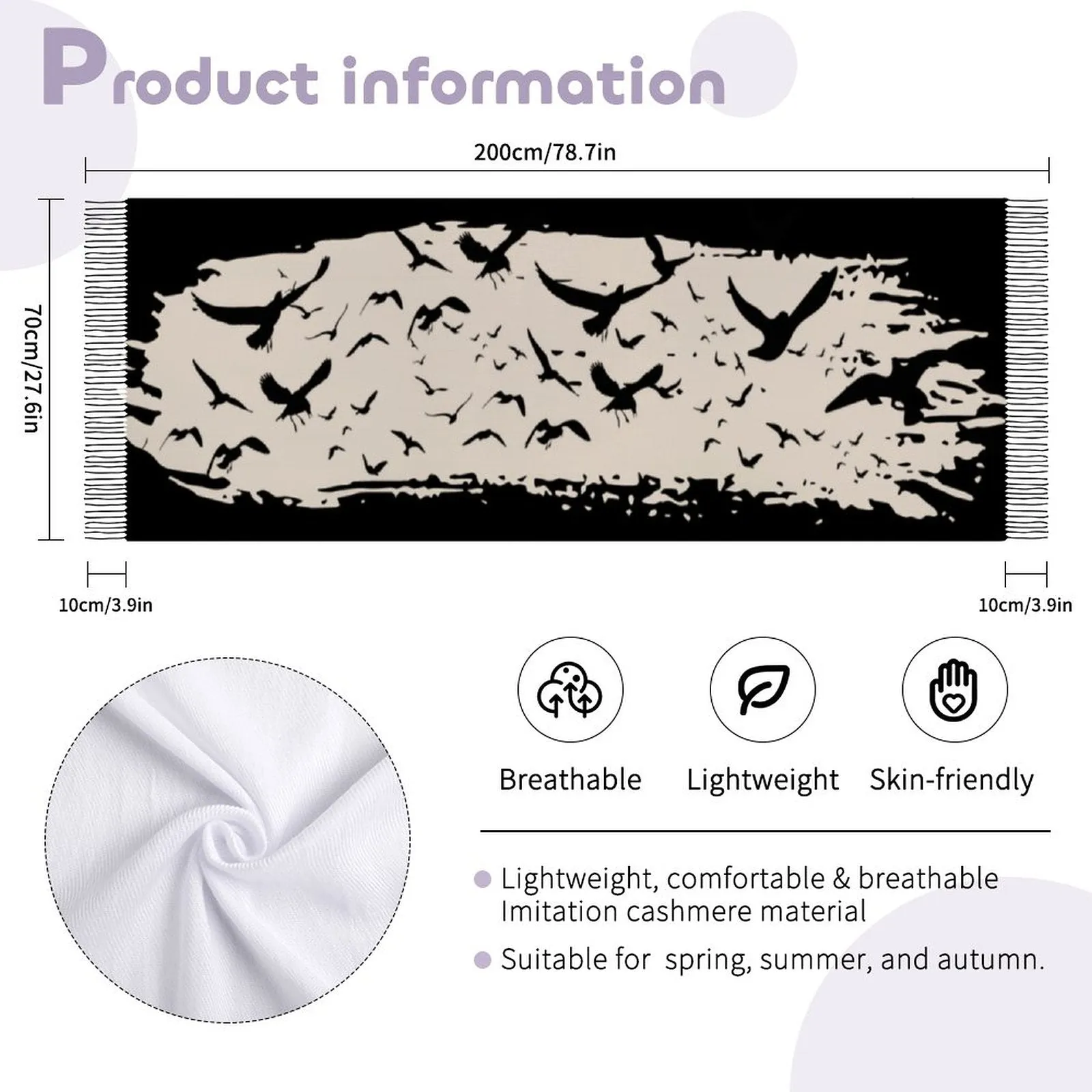Murder of Crows Cream Tassel Scarf, Witchy Clothing, Raven Scarf