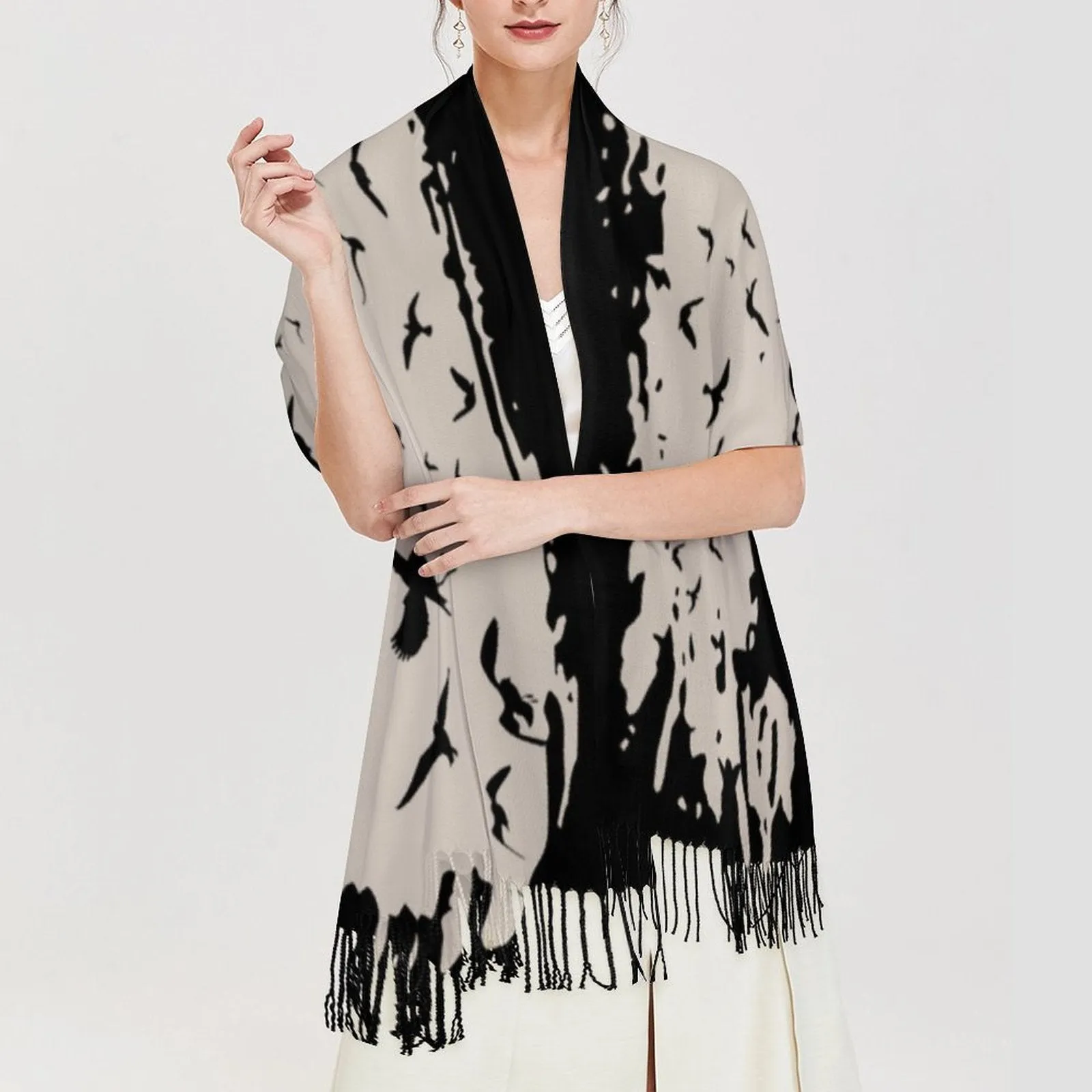Murder of Crows Cream Tassel Scarf, Witchy Clothing, Raven Scarf