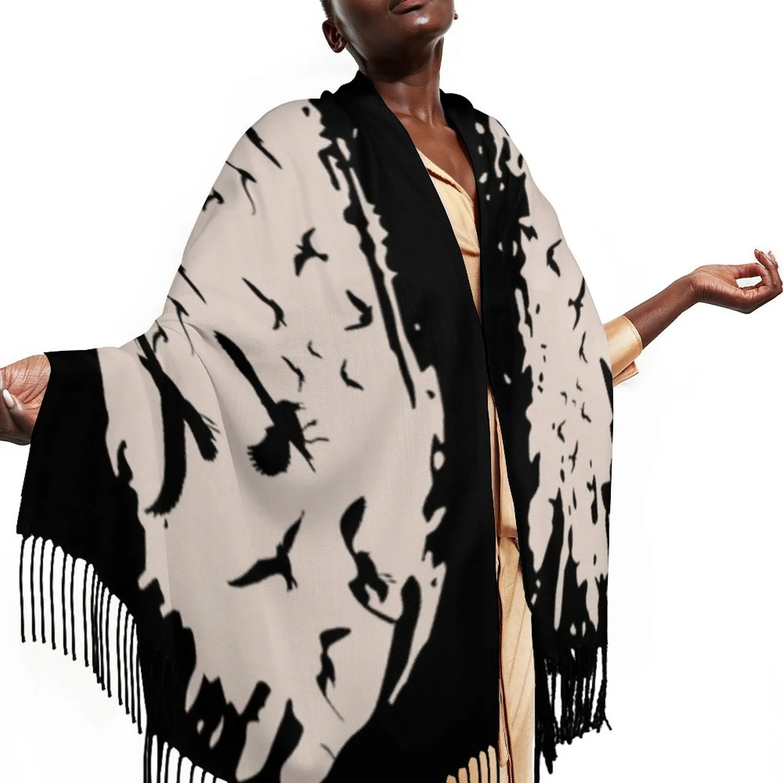 Murder of Crows Cream Tassel Scarf, Witchy Clothing, Raven Scarf