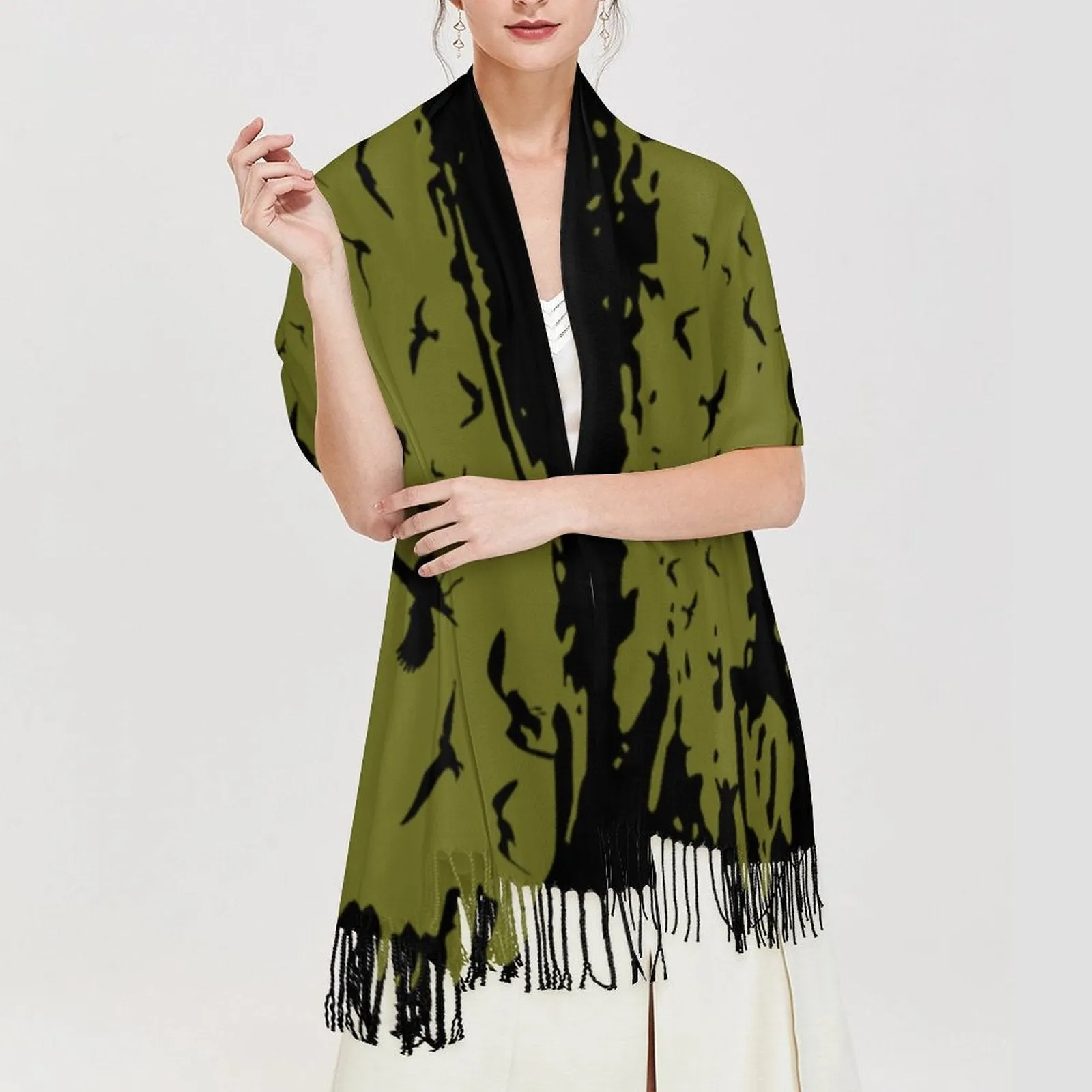 Murder of Crows Fern Tassel Scarf, Witchy Clothing, Raven Scarf
