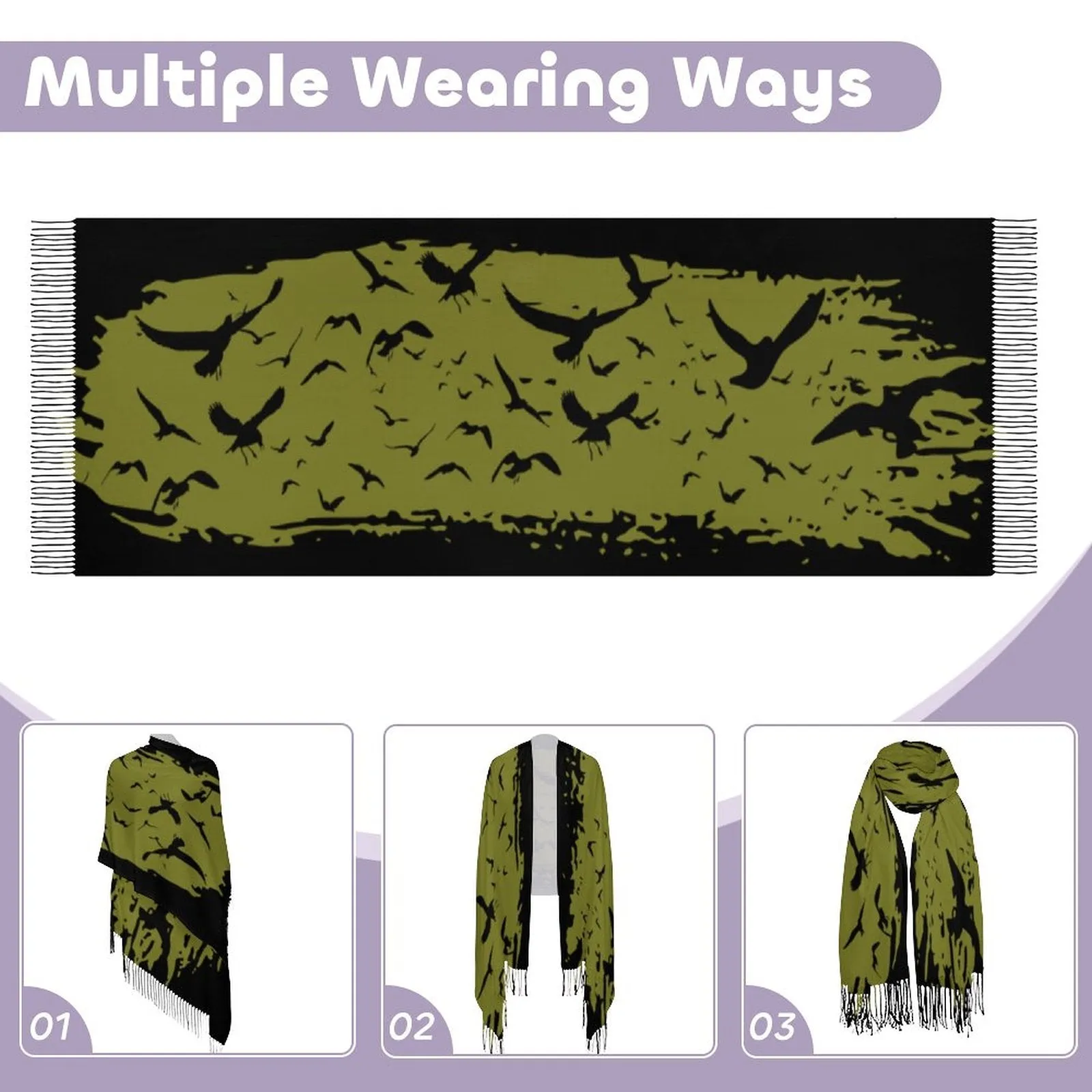Murder of Crows Fern Tassel Scarf, Witchy Clothing, Raven Scarf
