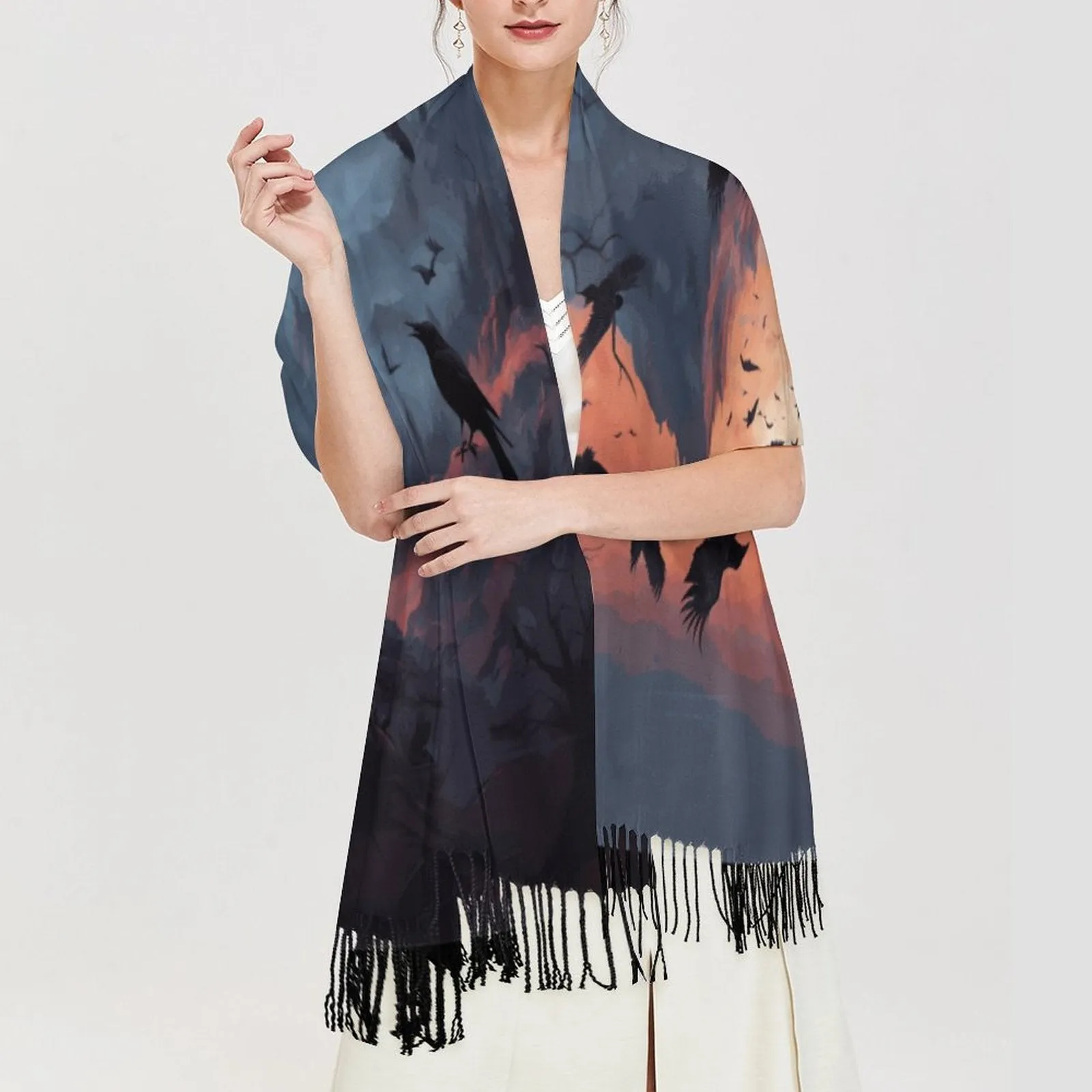 Murder of Crows Twilight Soft Tassel Scarf, Witchy Clothing, Raven Gothic Clothing