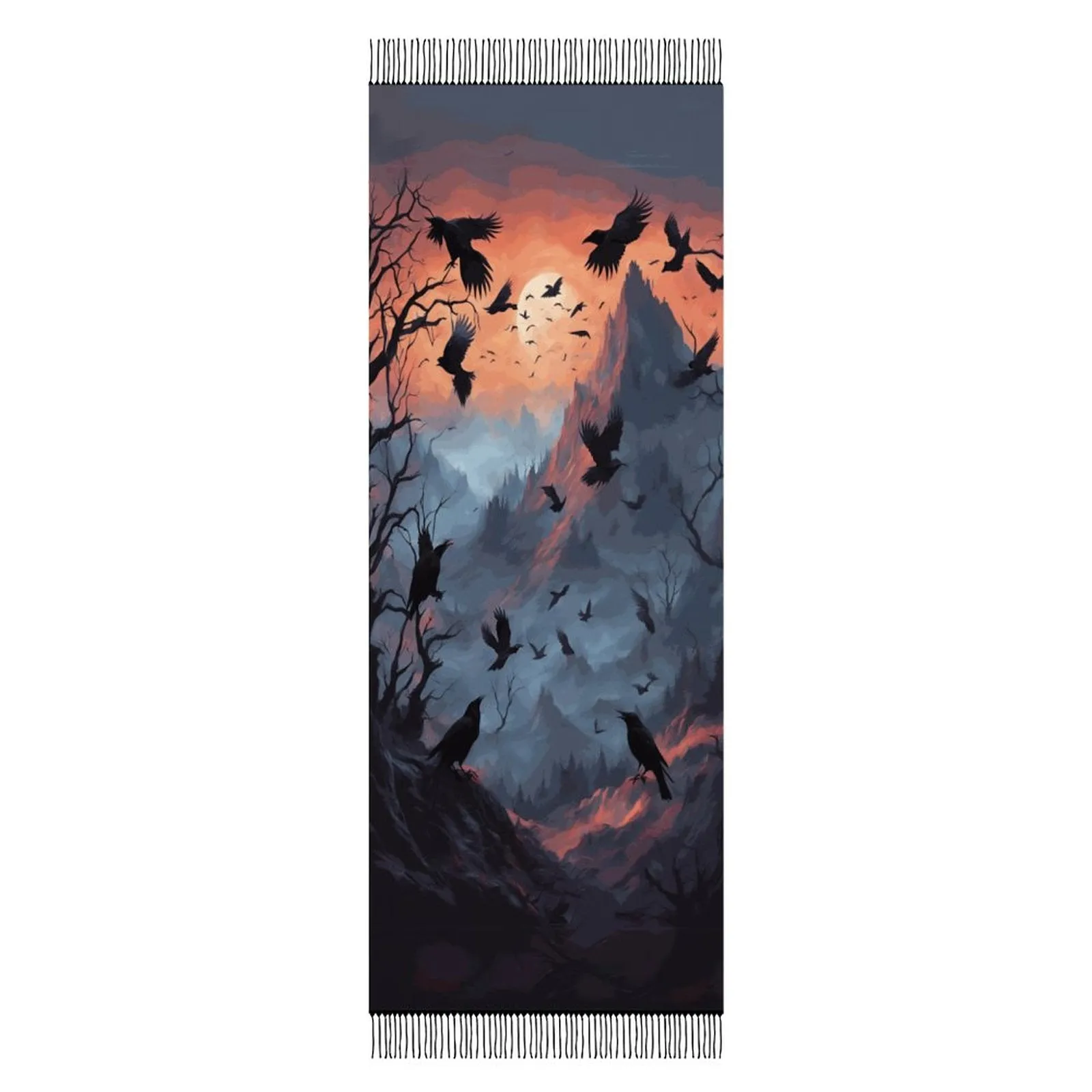 Murder of Crows Twilight Soft Tassel Scarf, Witchy Clothing, Raven Gothic Clothing