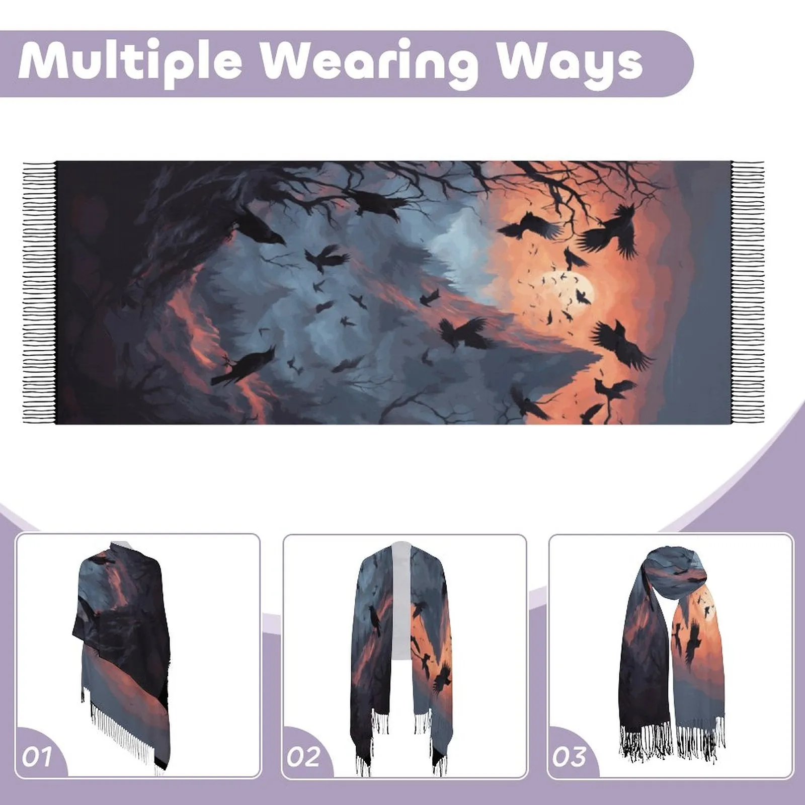 Murder of Crows Twilight Soft Tassel Scarf, Witchy Clothing, Raven Gothic Clothing