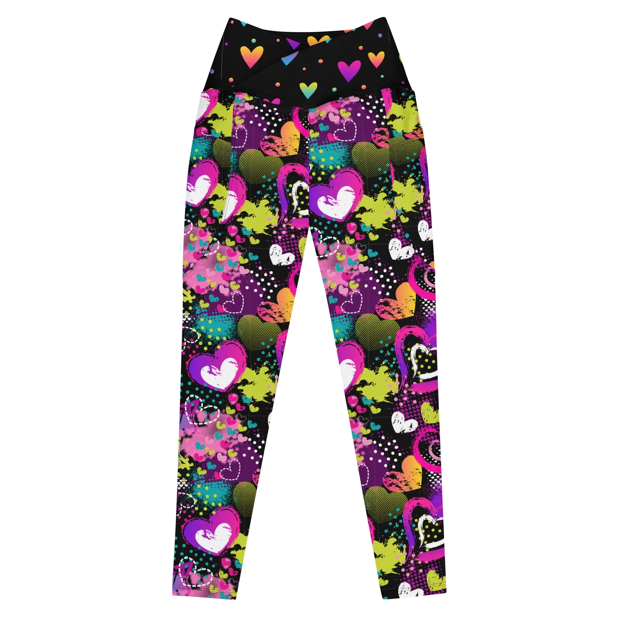 Neon Hearts on Black Crossover leggings with pockets